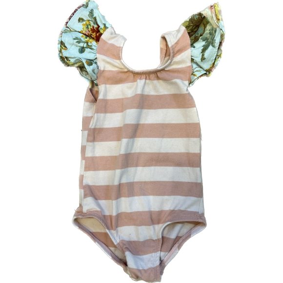 This Tribe of Three Pink Stripe & Blue Floral Ruffle Sleeve Bodysuit, 12-24M - Picture 1 of 2